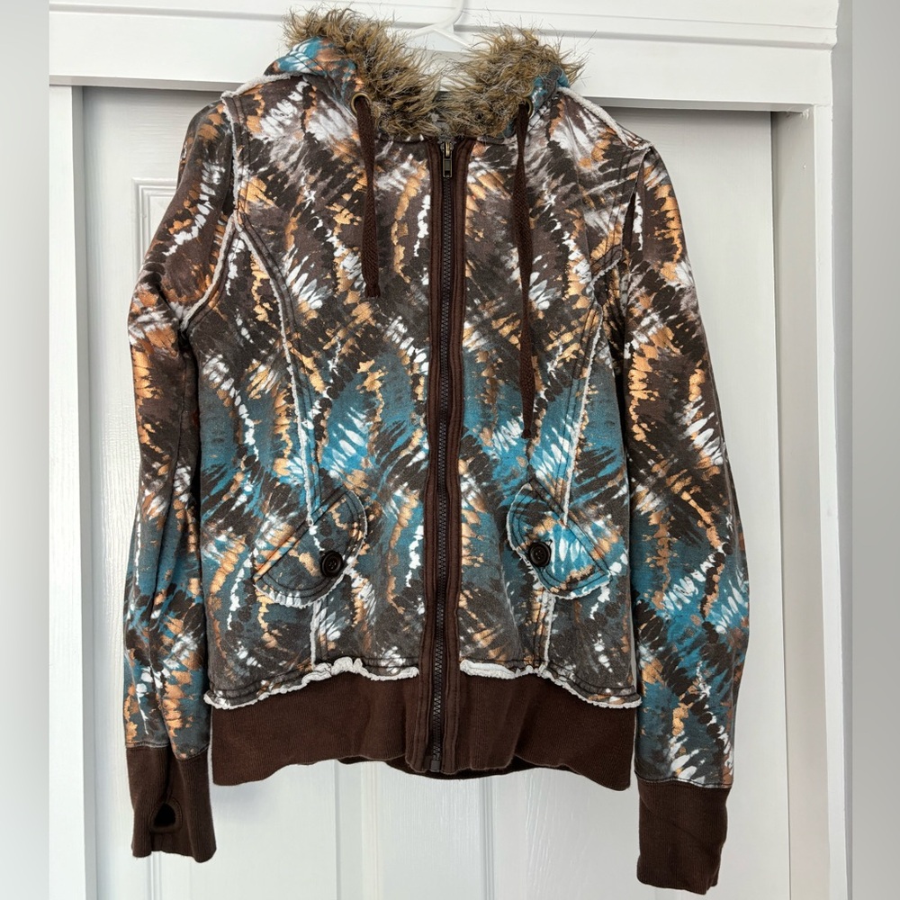 Self Esteem Hoodie size S. Brown, Gold, white, and Turquoise.